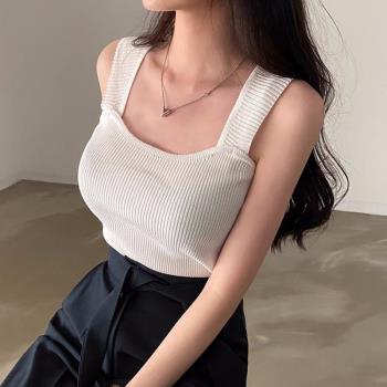韓國chic夏季簡約百搭方領露鎖骨坑條修身顯瘦純色針織吊帶背心女