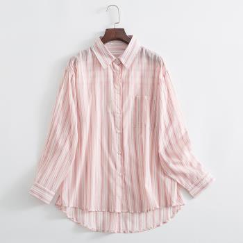 法式溫柔粉色條紋襯衫女夏季薄棉防曬空調襯衣設計感小眾通勤上衣