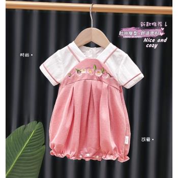 嬰幼兒漢服連體衣夏季裝短袖女寶寶百天可愛中國風外出服包屁衣
