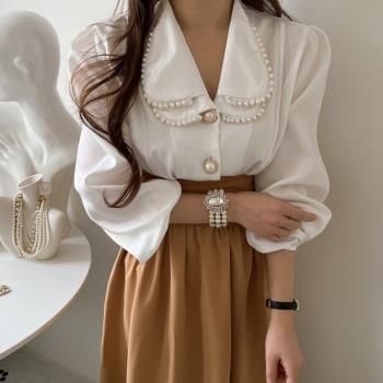 chic韓國珍珠點綴大擺型長袖襯衫