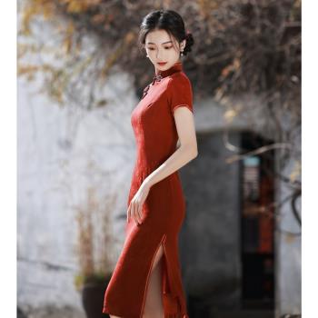 酒紅色旗袍中長款2023年新款短袖年輕款日常連衣裙高端優雅禮服