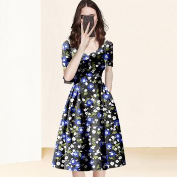 歐美時尚法式A字碎花連衣裙2023新款女夏季短袖高級氣質中長裙子