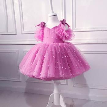 歐美兒童公主裙小童舞臺表演服珍珠蝴蝶結設計女童公主禮服連衣裙