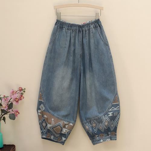 女士洋氣拼色民族風休閑七分褲