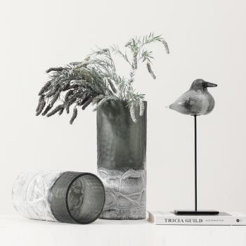 現代簡約灰白直筒玻璃花瓶花器樣板間飾品擺件客廳桌面插花軟裝