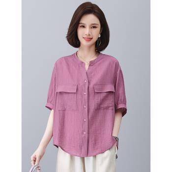 dpqb玫紅天絲襯衫女短袖2024年夏季新款襯衣媽媽品牌洋氣減齡上衣
