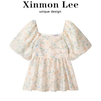 XinmonLee法式方領泡泡袖碎花襯衫女夏季氣質溫柔高級感小衫上衣