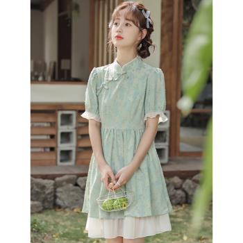 新中式改良旗袍減齡高級感趣味少女風收腰顯瘦小個子連衣裙女夏季