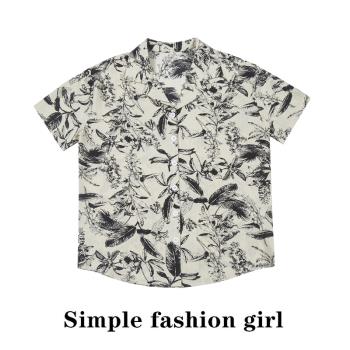 simple 中式水墨印花襯衫夏季女寬松短袖襯衣復古碎花設計感上衣