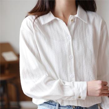 棉麻法式豎條紋別致打底長袖襯衫