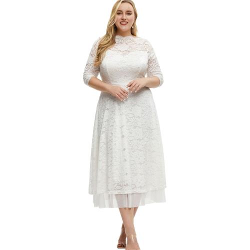 大碼女裝胖mm歐美蕾絲優雅氣質晚禮服白月光宴會小白裙