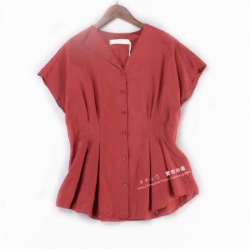 26645夏季新款歐美時尚簡約顯白氣質優雅V領絲綿酒紅色襯衫上衣女