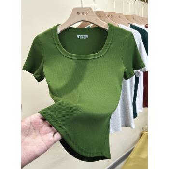 氣質設計感螺紋棉方領彈力短袖T恤修身顯瘦簡約上衣女ins2023夏季