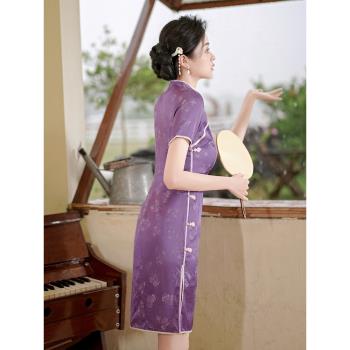 紫色旗袍小個子改良版女夏季中年媽媽連衣裙2023年新款復古夏短款