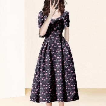 歐美名媛夏季短袖法式碎花連衣裙女裝2023新款高級氣質A字中長裙