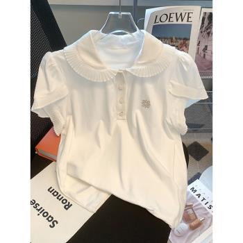 polo領純棉短袖t恤女裝夏季2024年新款法式獨特別致白色上衣薄款