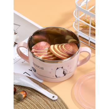不銹鋼家用飯碗寶寶兒童小學生帶蓋飯盒可愛精致新款湯碗套裝餐具