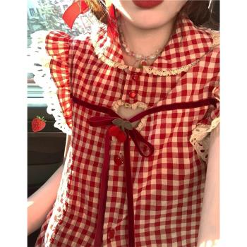 日系夏季小飛袖蕾絲花邊蝴蝶結紅色格子襯衫女小眾設計感可愛上衣
