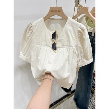 法式短袖雪紡襯衫女夏季2023新款設計感小眾泡泡袖甜美寬松上衣女