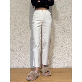 韓版小個子九分褲女春季新款高級感白色高腰直筒褲彈力顯瘦牛仔褲