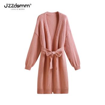 九州誠品/JZZDEMM系帶中長粉色毛衣外套女松弛感穿搭上衣針織開衫