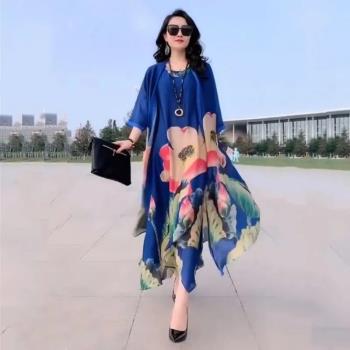 氣質印花真絲桑蠶絲連衣裙兩件套女2022春夏新款媽媽裝大碼套裝裙