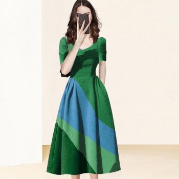 歐美名媛夏季短袖綠色收腰氣質連衣裙2023新款裙子女小眾設計感