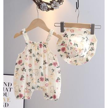 嬰兒衣服夏季純棉紗布背帶連體衣套裝女寶寶洋氣吊帶哈衣夏裝韓版