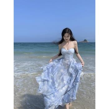 法式重工高級感吊帶連衣裙女海邊度假沙灘長裙荷葉邊氛圍感仙女裙