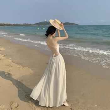 設計感性感露背純欲風白色大擺拖地禮服長裙超仙海邊度假連衣裙子