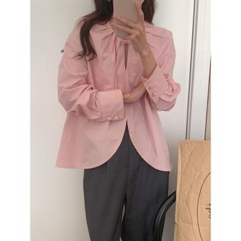 韓風chic設計感小眾褶皺盤扣薄款長袖襯衫女超仙粉色獨特別致上衣