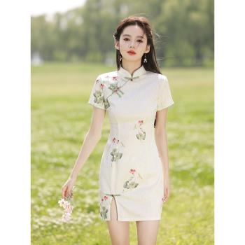 短款旗袍改良年輕款少女小清新新中式國風荷花日常可穿小個子夏季