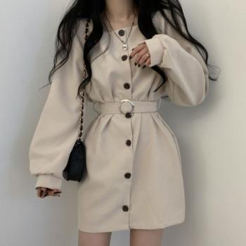 韓國chic春秋法式小眾小個子中長款單排扣氣質方領泡泡袖連衣裙女