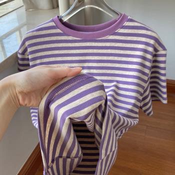 港味紫色條紋短袖t恤女夏季2023年新款經典基礎棉質寬松大碼上衣