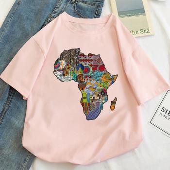 超火非洲地圖印花INS黑色短袖T恤