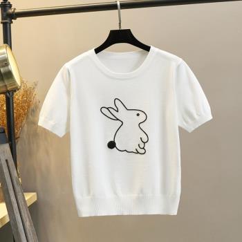 設計感小兔子刺繡短袖T恤女夏季新款寬松上衣薄款冰絲套頭針織衫