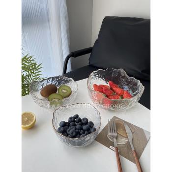 ins風金邊透明玻璃碗蔬菜沙拉碗高顏值錘紋水晶水果盤家用餐具碗