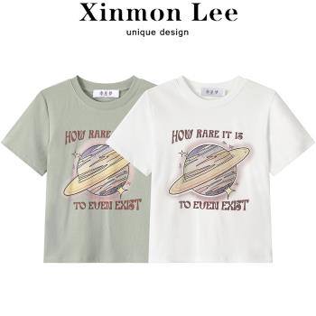 XinmonLee休閑時尚正肩短袖T恤女夏美式復古百搭寬松顯瘦印花上衣