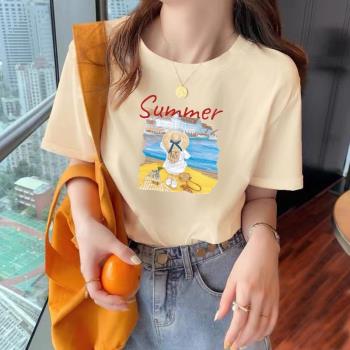 純棉小眾印花短袖夏季2023新款學生韓版ins顯瘦奶油杏色t恤女上衣