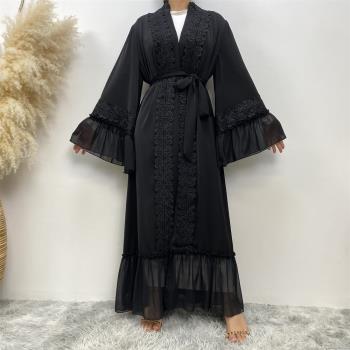 迪拜中東東南亞迪拜新款黑色花朵刺繡系帶阿拉伯開衫長袍連衣裙女