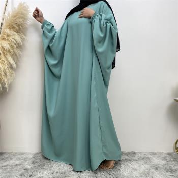 中東東南亞迪拜旅游蝙蝠長袖凈色長袍印尼連衣裙女 dress women