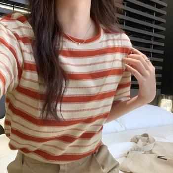 2023韓系時尚撞色條紋學院風TEE恤寬松短袖上衣夏設計感小眾T恤女