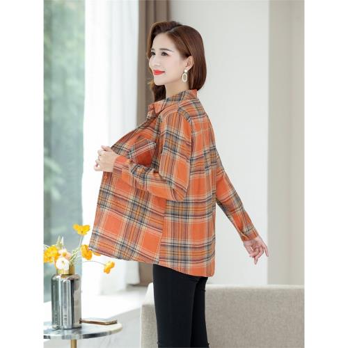 媽媽棉質加絨襯衫女長袖棉加厚秋冬裝中老年上衣格子襯衣女外套