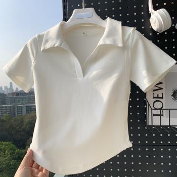 白色弧擺polo領短袖t恤女2023夏季設計感小眾修身辣妹風短款上衣