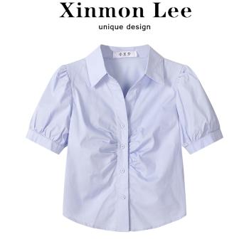XinmonLee小眾別致設計感褶皺襯衫夏季女法式不規則泡泡袖短上衣