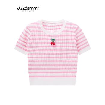 九州誠品/JZZDEMM櫻桃裝飾條紋紋路設計感甜美時尚針織短袖上衣女