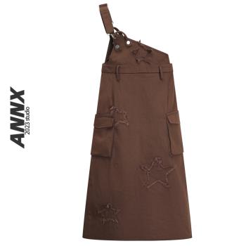 ANNX2023工裝風咖色牛仔背帶裙美式復古重工減齡單肩設計感半身裙