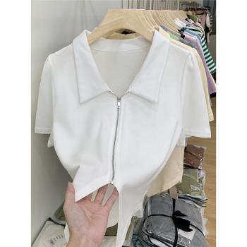 夏季2023新款設計感雙拉鏈t恤女上衣修身純欲辣妹polo領白色短袖