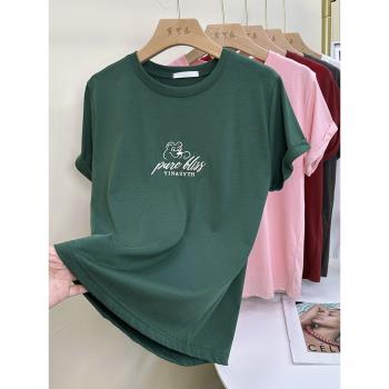 純棉常規短袖T恤女字母刺繡2023夏圓領減齡百搭休閑卡通圖案上衣