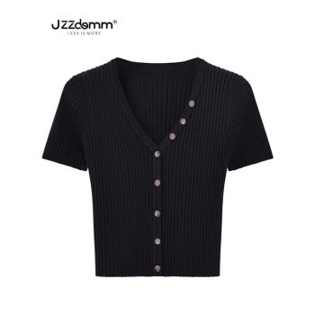 九州誠品/JZZDEMM扣子裝飾設計感坑條修身針織短袖開衫女短款上衣